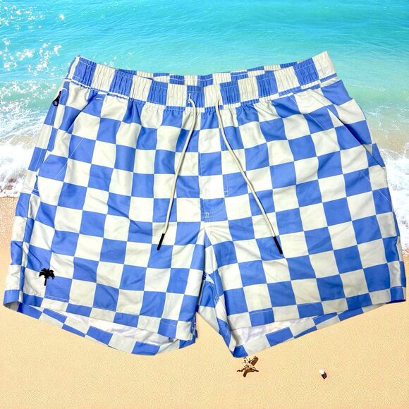 OAS Blue Check Swim Trunks Y2K Retro Scandinavian Designer Beachwear XL - Picture 1 of 8